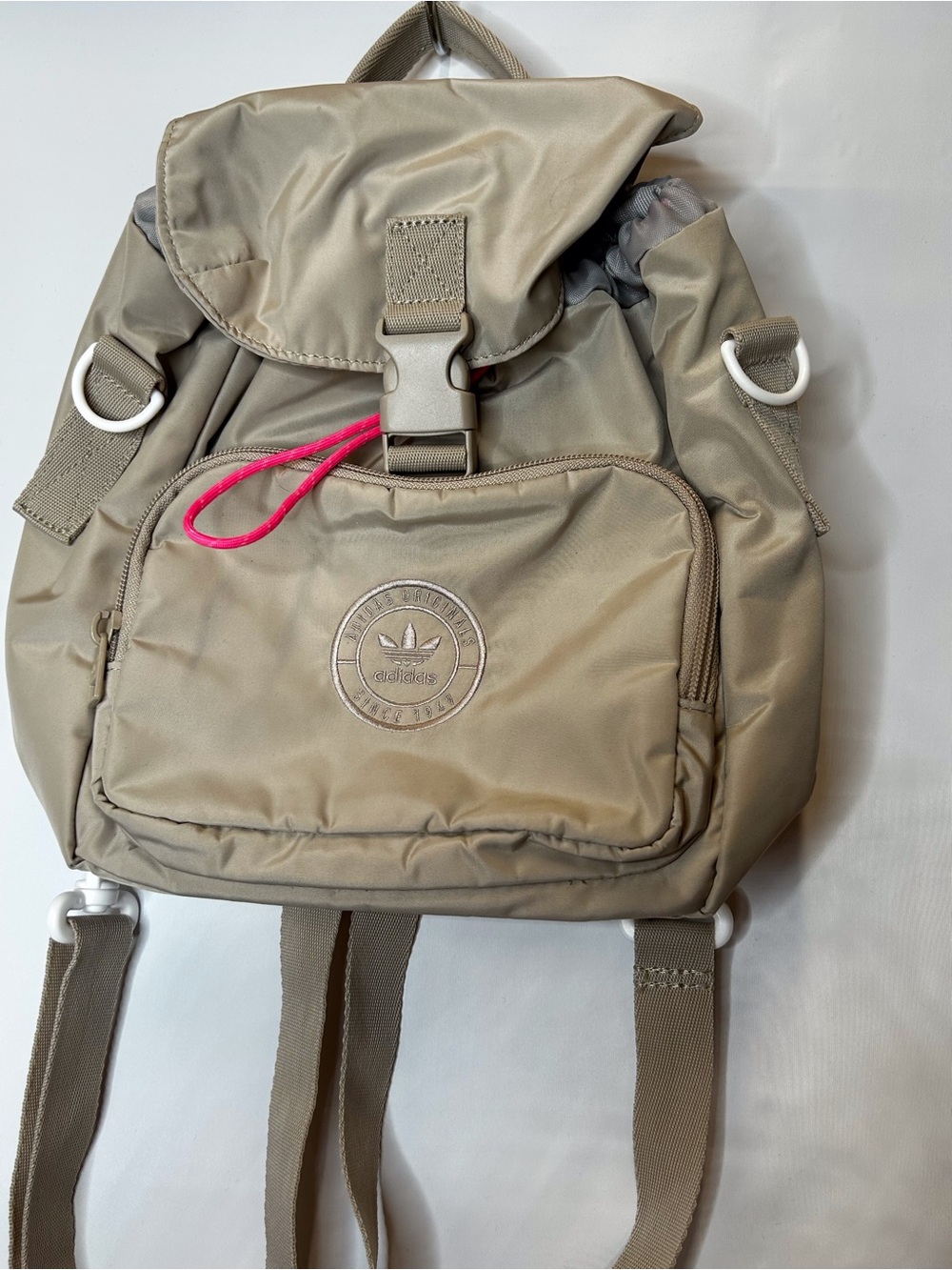 adidas Taupe Mini Nylon Backpack with Pink Accent Pull